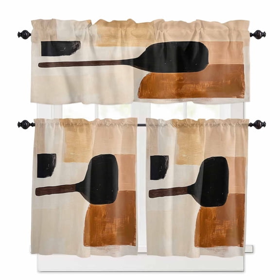 Beige Black Kitchen Curtains Valances and Tiers Set of 3, 36 Inch Length Tier Curtains and Valance Rod Pocket Valance Curtains Set for Kitchen Bathroom Small Windows