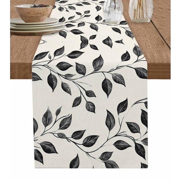 Beige Black Leaves Burlap Cotton Table Runner 13x36 Inches Short, Farmhouse Vintage Botanical Farmhouse Table Runners, Outdoor Dining Tablecloths Decor for Baby Shower/Party/Wedding