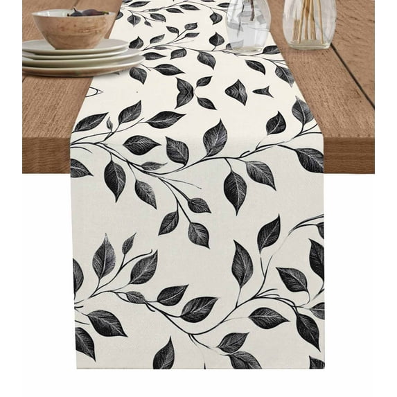 Beige Black Leaves Table Runner 48 Inches, Farmhouse Vintage Botanical Bed Runner Dresser Scarves Tabletop for Indoor Outdoor Parties/Ceremony/Banquet, 13" x 48"