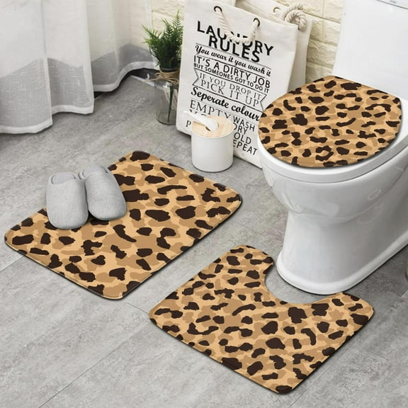 Beige and Black Leopard Pattern Bathroom Rugs Sets 3 Piece,Toilet Cover Set,Absorbent Non Slip Bathroom Mats Sets with U-Shaped Contour Rug Toilet Rug Set