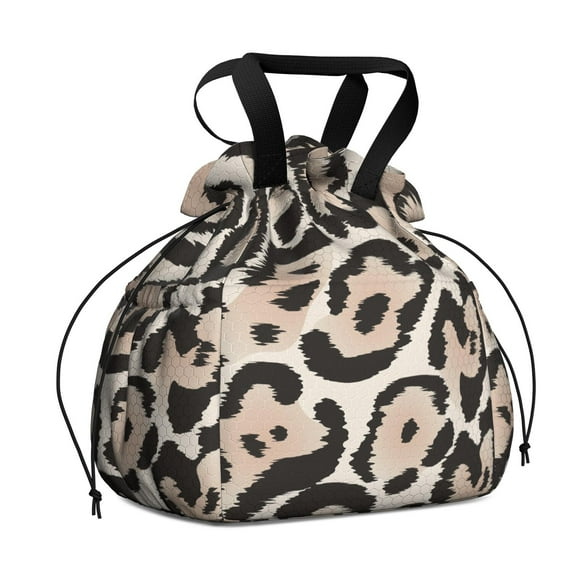 Beige and Black Leopard Pattern Drawstring Lunch Bag Women - Drawstring Lunch Bag Insulated for Work Office - Stain-Resistant Large Lunchbags for Women with Multi-Pockets