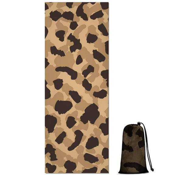 Beige and Black Leopard Pattern Hot Yoga Mat Towel Non Slip for Hot Yoga - Quick-Drying Yoga Mat Cover with 4 Corner Pockets with Travel Bag - Hot Yoga Towel Non Slip 70"x26"