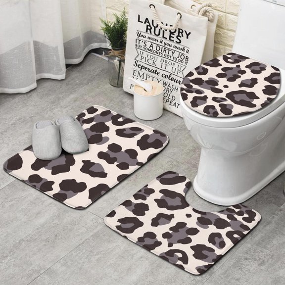 Beige and Black Of Leopard Print Bathroom Rugs Sets 3 Piece,Toilet Cover Set,Absorbent Non Slip Bathroom Mats Sets with U-Shaped Contour Rug Toilet Rug Set