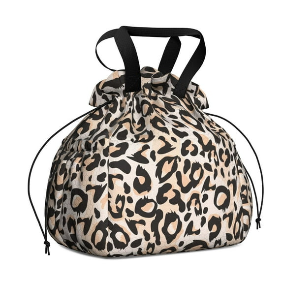 Beige and Black Of Leopard Print Drawstring Lunch Bag Women - Drawstring Lunch Bag Insulated for Work Office - Stain-Resistant Large Lunchbags for Women with Multi-Pockets