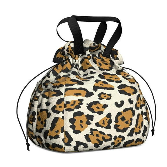 Beige and Black Of Leopard Print Drawstring Lunch Bag Women - Drawstring Lunch Bag Insulated for Work Office - Stain-Resistant Large Lunchbags for Women with Multi-Pockets