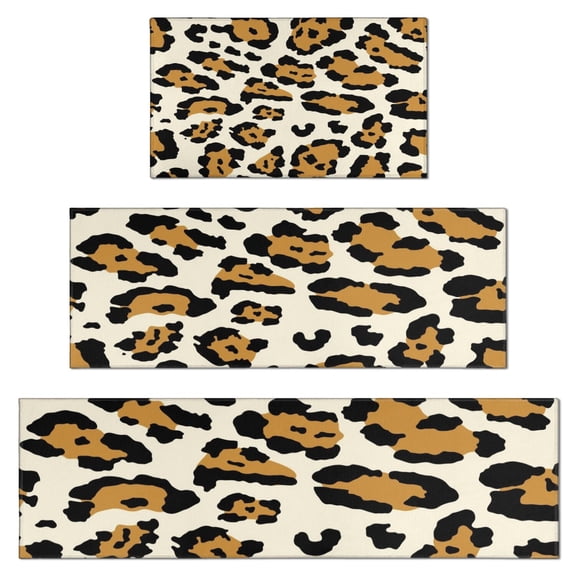 Beige and Black Of Leopard Print Kitchen Rugs Sets Of 3,Kitchen Runner Rugs Non Skid Washable,Decorative Kitchen Floor Mats for Kitchen,Sink,Laundry,17"x30"+ 17"x47" + 17"x59"