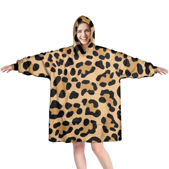 Beige and Black Of Leopard Print Wearable Oversized Blanket,Wearable Blanket Hoodie for Adults,Cozy Hooded Blankets with Super Pockets,Super Warm Fuzzy Pullover for Women & Men