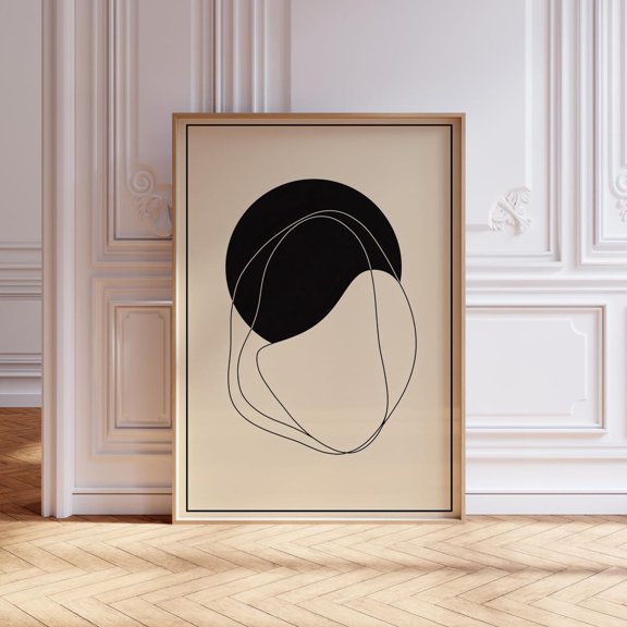 Beige Black Mid Century Abstract Wall Art, Stretched Canvas Size 16x24