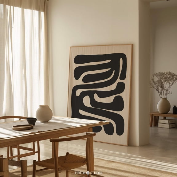 Beige Black Mid Century Modern Organic Decorative Design Statement Accent Interior Wall Art