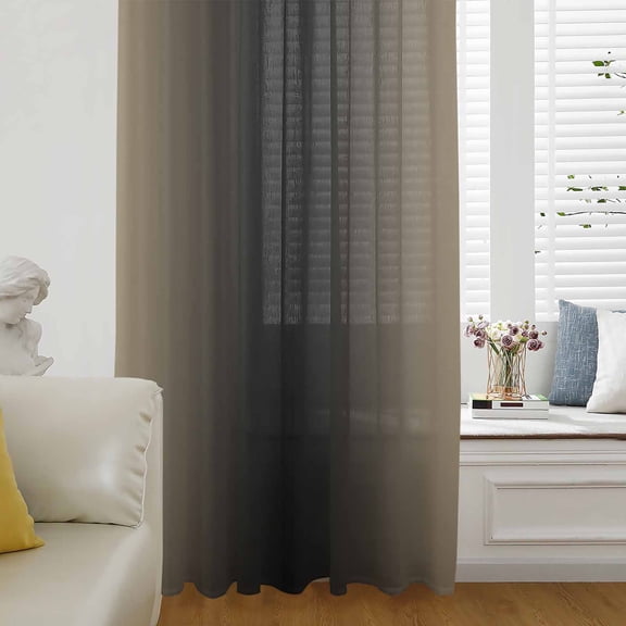 Beige Black Ombre Semi Sheer Curtains Drapes for Living Room, Bedroom, French Doors Window 45 Inches Long, Modern Gradient Abstract Art Rod Pocket Chiffon Curtain Drapery Voile Draperies Panel