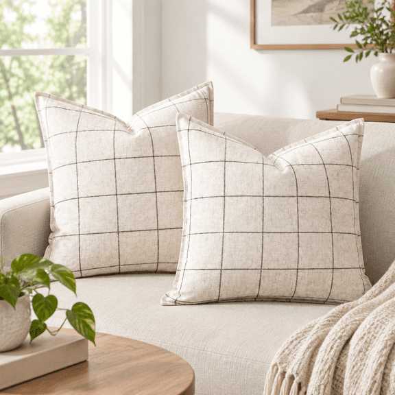 Beige & Black Plaid Set of 2, 26" x 26" (Pack of 2) Decorative Pillow Covers
