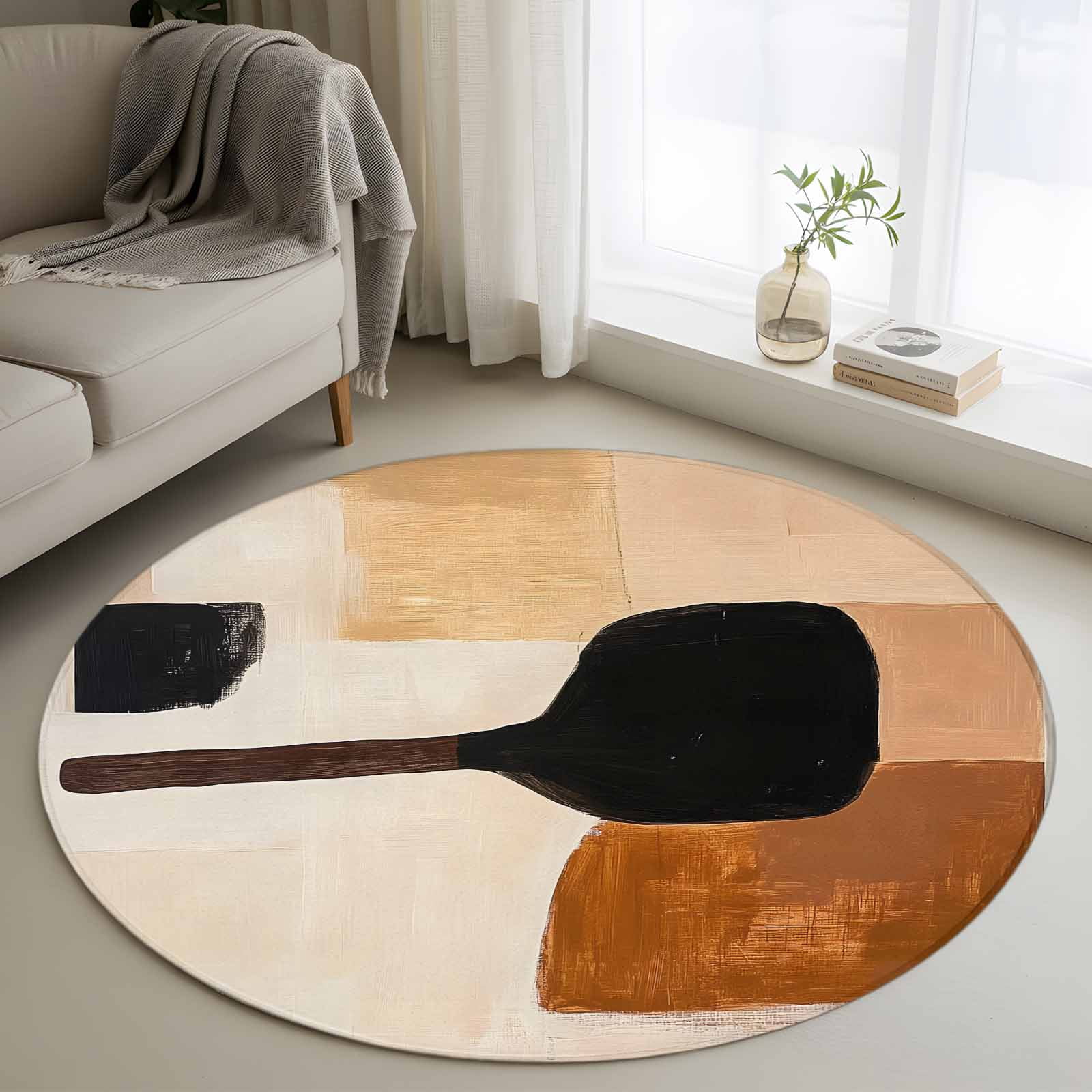 Beige Black Round Rugs for Living Room 4ft Brown Abstract Art Graffiti ...