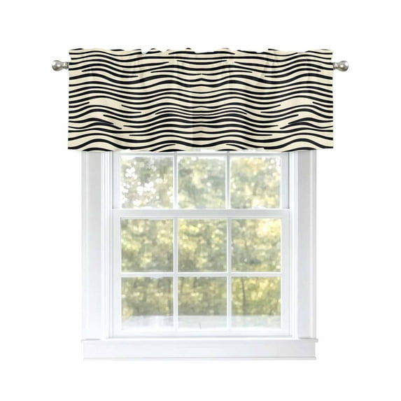 Beige Black Stripe Curtain Valances for Windows, Modern Abstract Art Lines Wave Kitchen Valance Window Treatment, Light Filtering Block Curtains for Bathroom/Bedroom/Living Room 42'' x 12''