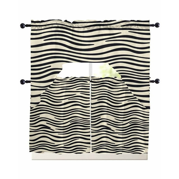 Beige Black Stripe Kitchen Curtains Sets 24 Inch Length with Valance, Modern Abstract Art Lines Wave Swag Valances and Tiers Curtain Set Drapes Swag Curtains for Living Room, Bathroom, Bedroom, Cafe