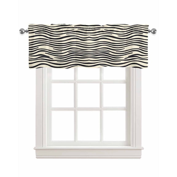 Beige Black Stripe Kitchen Valances for Windows Farmhouse Linen Window Valance Curtain for Living Room Window Treatment Modern Abstract Art Lines Wave Valance Rod Pocket Topper Drape, 42 x 12 Inch