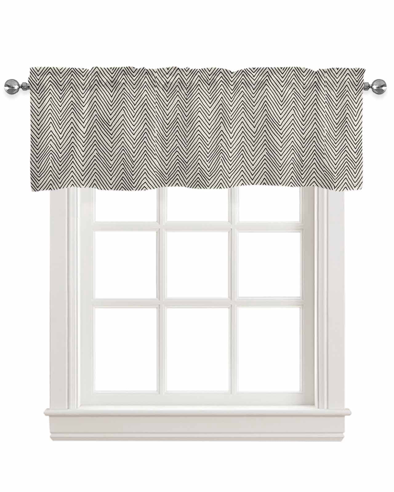 Beige Black Stripe Kitchen Valances for Windows Farmhouse Linen Window Valance Curtain for Living Room Window Treatment Modern Abstract Art Moire Striped Valance Rod Pocket Topper Drape, 42 x 12 Inch