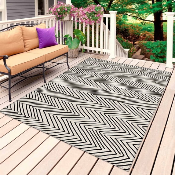 Beige Black Stripe Outdoor Rug for Patio/Deck/Porch, Non-Slip Large Area Rug 6 x 9 Ft, Modern Abstract Art Moire Striped Indoor Outdoor Rugs Washable Area Rugs, Reversible Camping Rug Carpet Runner