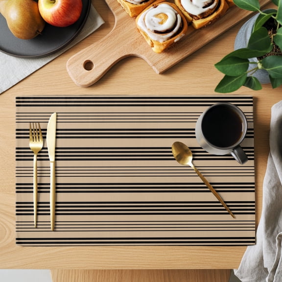 Beige Black Stripe Placemats Set of 2, Modern Abstract Minimalist Horizontal Line Heat Insulated Linen Place Mats, Washable Stain-Proof Table Mats for Dining Tables Holiday Decor 13x19 Inches