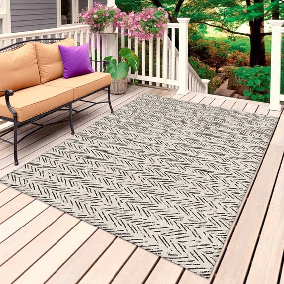 Beige Black Striped Outdoor Rug 3x5 Ft, Non Slip Washable Area Rug, Abstract Modern Art Irregular Stripe Patio Rugs Carpet Runner, Large Floor Mat for Indoor/Outdoor Deck Porch Camping