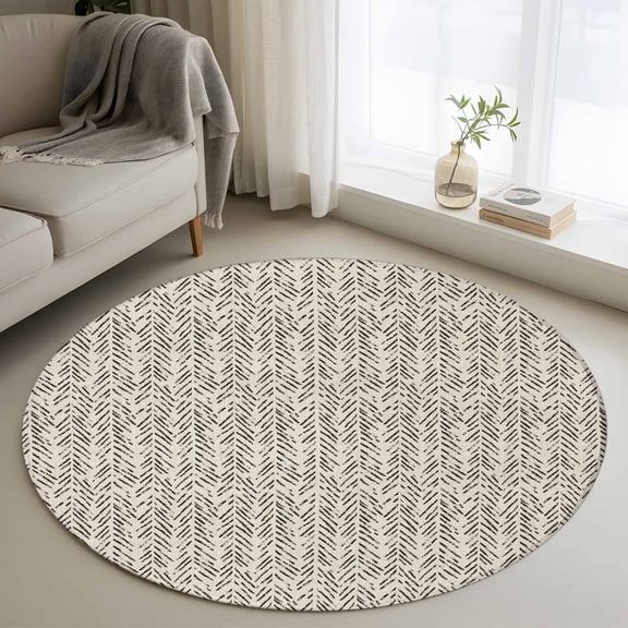 Beige Black Striped Round Area Rug 3.3 FT, Non Slip Small Entryway Kitchen Mat, Abstract Modern Art Irregular Stripe Washable Soft Circular Rug Non-Shedding Door Mat for Bathroom Playroom Kids Room