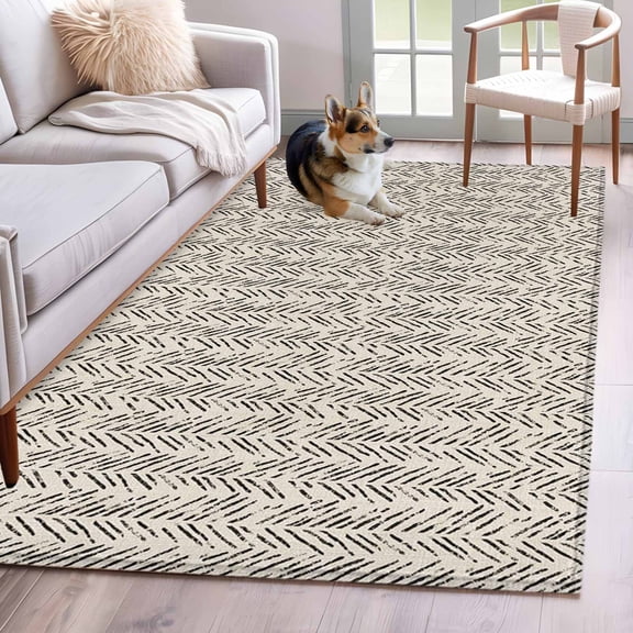 Beige Black Striped Runner Rug 2.7x5 FT, Non Slip Entryway Carpet, Abstract Modern Art Irregular Stripe Washable Soft Floor Carpet Entrance Mat Non-Shedding Throw Rug for Hallway Laundry Room Bedside