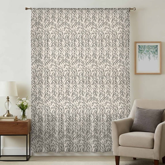 Beige Black Striped Sheer Curtains 96 Inches Long, Abstract Modern Art Irregular Stripe Light Filering Curtains, Privacy Drapes Simi Floor to Veiling Curtain for Living Room Bedroom Window Treatment
