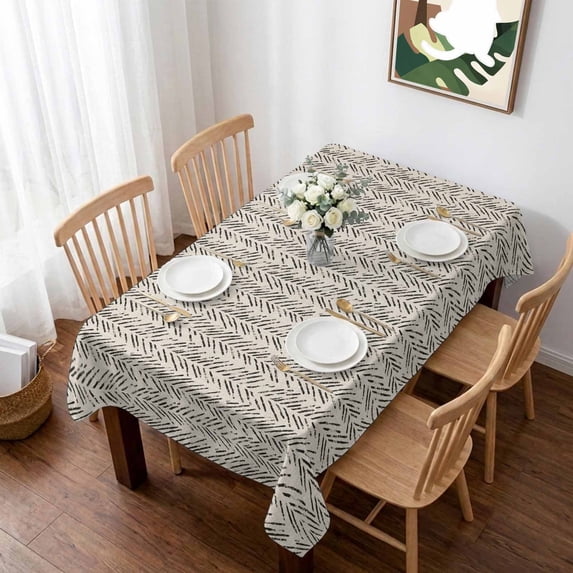 Beige Black Striped Table Cloth Waterproof Tablecloths, Abstract Modern Art Irregular Stripe Tablecloth Dining Table Cover for Kitchen Party Tabletop Outdoor, Rectangle Tablecloth 60x84 Inch