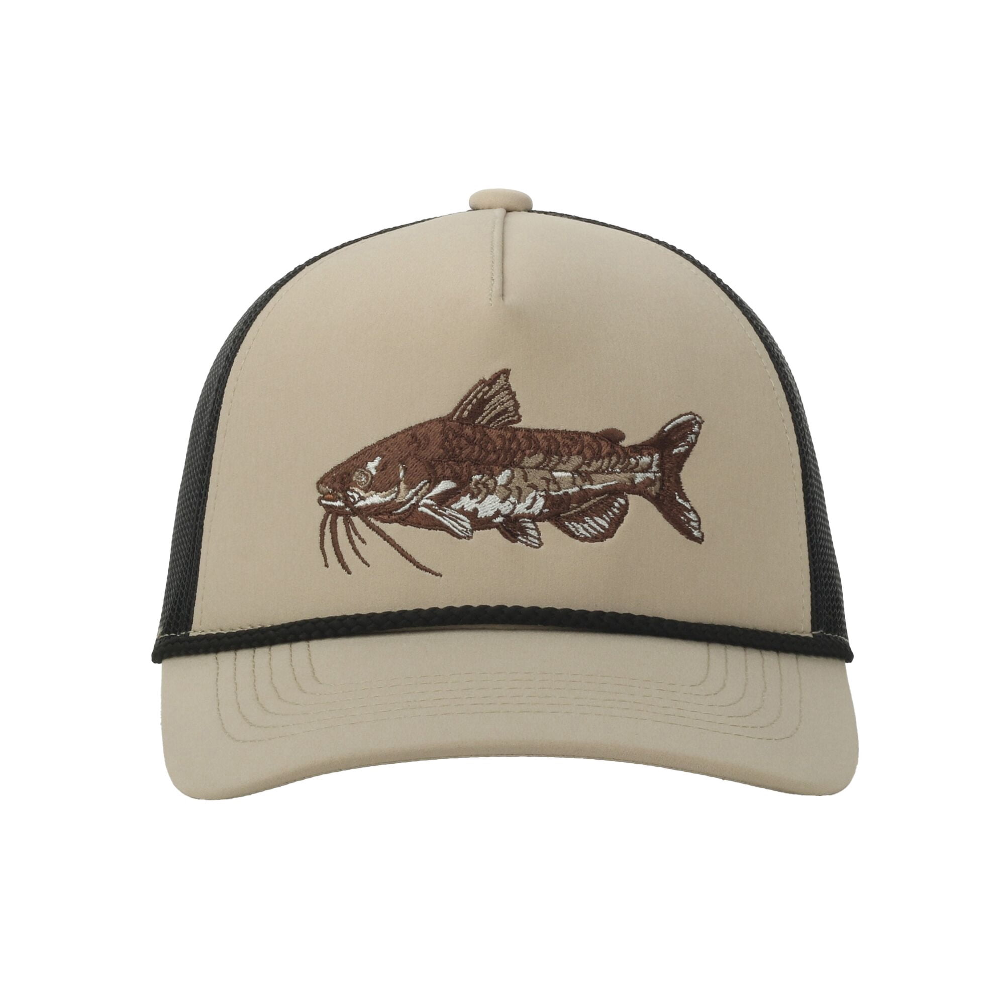 Beige/Black Catfish 5-Panel Fishing Cap – Structured, Embroidered, Snapback, One Size