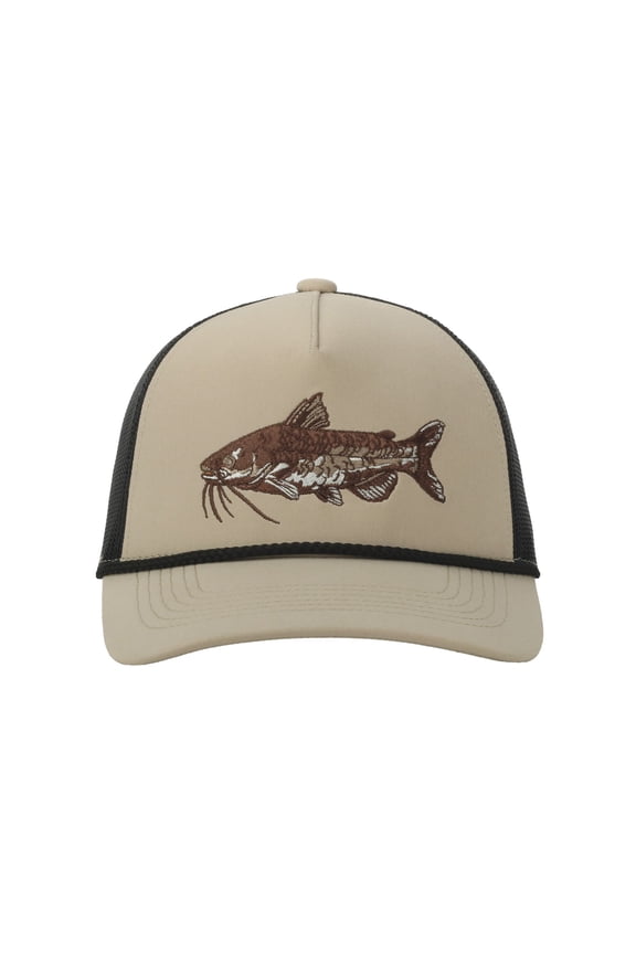 Beige/Black Catfish 5-Panel Fishing Cap Structured, Embroidered, Snapback, One Size