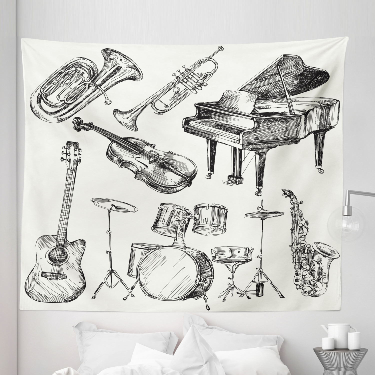 Beige Instrument Beige Black Tapestry, Illustration of Musical Instruments Sketch Style ...