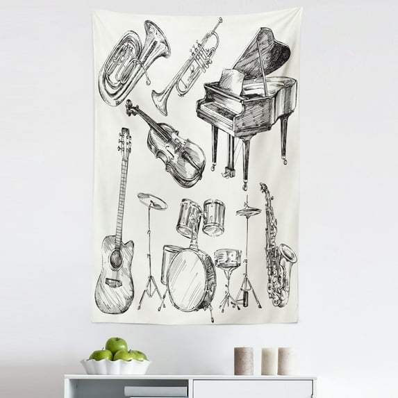 Beige Black Tapestry, Illustration of Musical Instruments Sketch Style Art Trumpet Piano Guitar, Fabric Wall Hanging Decor for Bedroom Living Room Dorm, 5 Sizes, Beige Black, by Ambesonne