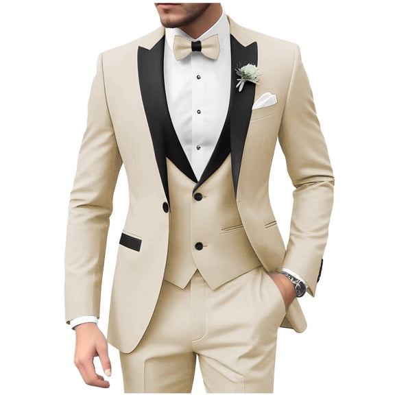 Beige Black Wedding 3 Piece Suits Elegant Mens Tuxedos Suit Sets with Bow Tie S