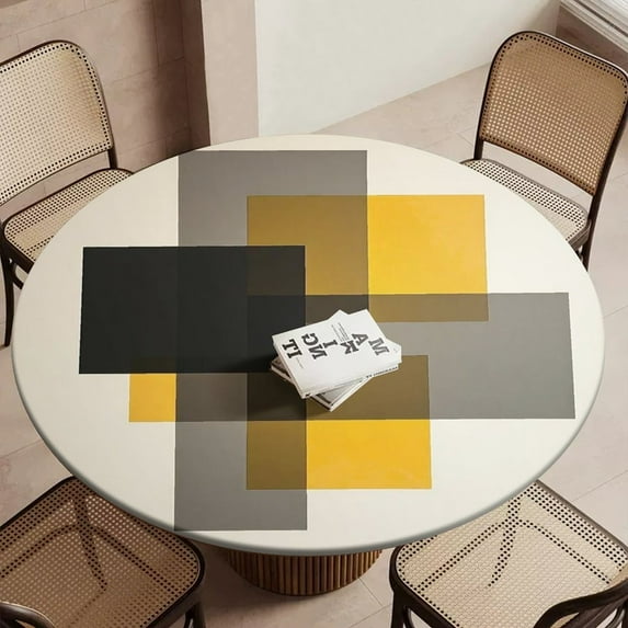 Beige And Black And Yellow Squares Round Table Cover Kitchen Printed Waterproof Tablecloth Elastic Edged Tablecloth Fits Party Wedding Indoor Outdoor Tables
