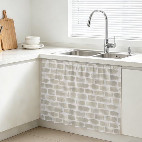 Beige Blocks Cabinet Curtains for Kitchen 10"W x 11"L, Modern Abstract Boho Geometric Plaid Under Sink Skirt Magic Tape Short Curtain Decorative Privacy Panel for Bathroom Laundry