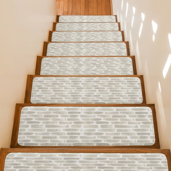 Beige Blocks Non-Slip Stair Treads for Wooden Steps, 15 Pack 8x30 Inches Carpet Stair Mats with Adhesive Backing, Noise-Reducing Step Covers for Indoor Stairs, Easy to Install & Residue-Free