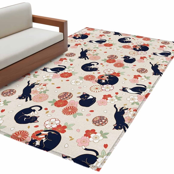 Beige Blossoms Black Cat Area Rug 3x5 Washable Rug Non Slip Farmhouse ...