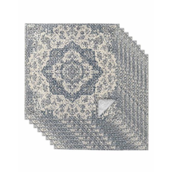 Beige Blue Boho Cloth Napkins Set of 8 Reusable Dinner Napkins, Medieval Vintage Ethnic Floral Abstract Cocktail Napkin Washable Table Napkins for Wedding/Holiday Party/Baby Shower 20"x20"