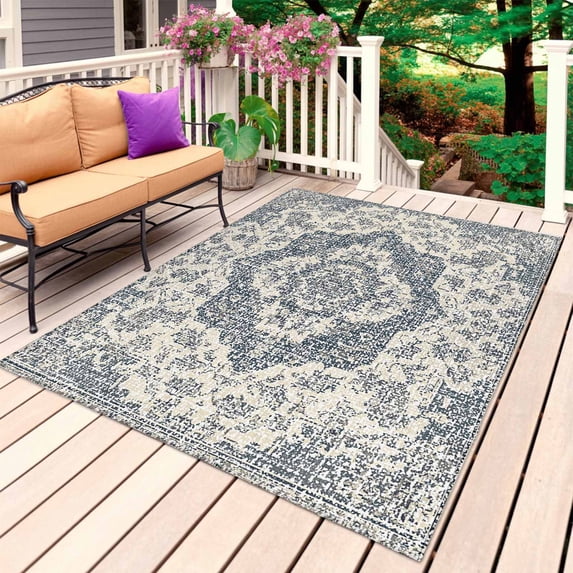 Beige Blue Boho Outdoor Rug 6x9 Ft, Non Slip Washable Area Rug, Medieval Vintage Ethnic Floral Abstract Patio Rugs Carpet Runner, Large Floor Mat for Indoor/Outdoor Deck Porch Camping