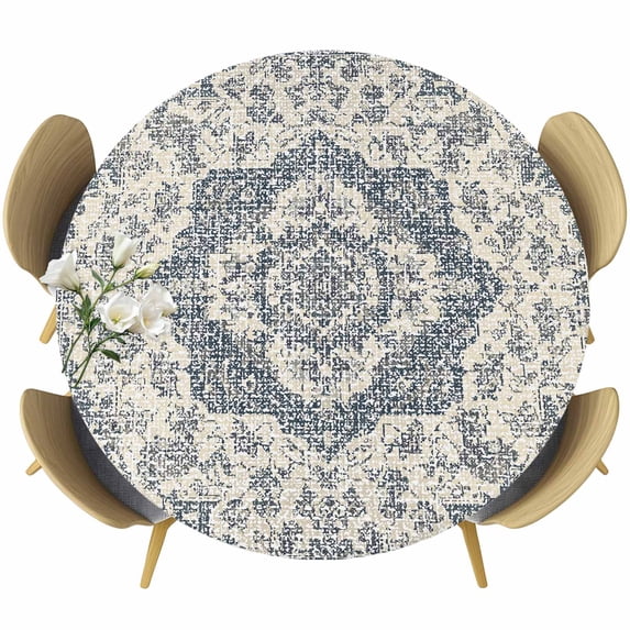 Beige Blue Boho Round Tablecloth, Fitted Table Cover with Elastic for 36"-44" Round Tables, Medieval Vintage Ethnic Floral Abstract Table Cloth Outdoor Indoor Dinning Party Waterproof Tablecloths