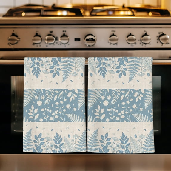 Beige Blue Botanical Kitchen Towels Set of 4, Farmhouse Pastoral Leaves Burlap Absorbent Dish Towels for Kitchen, Microfiber Hand Towel, Quick Drying Tea Towel for Cleaning Decorative Dishcloths