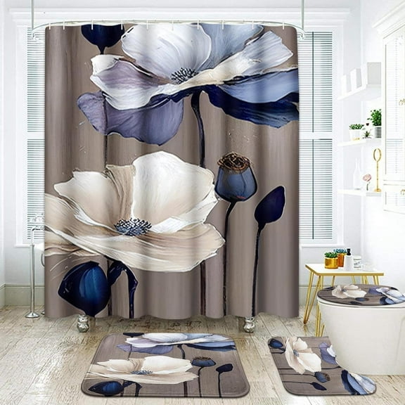 Beige Blue Brown Floral Bathroom Set with Shower Curtain and Rugs and Accessories, Spring Flower Painting Shower Curtain Set,Wildflower Abstract Shower Curtain for Bathroom Decor 4 Pcs