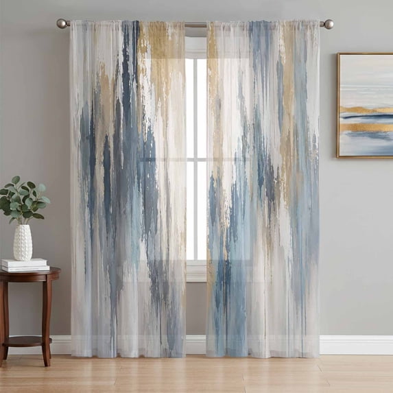 Beige Blue Brown Ombre Sheer Curtains 96 Inch Length 2 Panels Set, Abstract Modern Art Oil Painting Voile Window Treatment Semi Sheer Long Curtains Drapes for Bedroom/Living Room/Kitchen 52"x96"x2