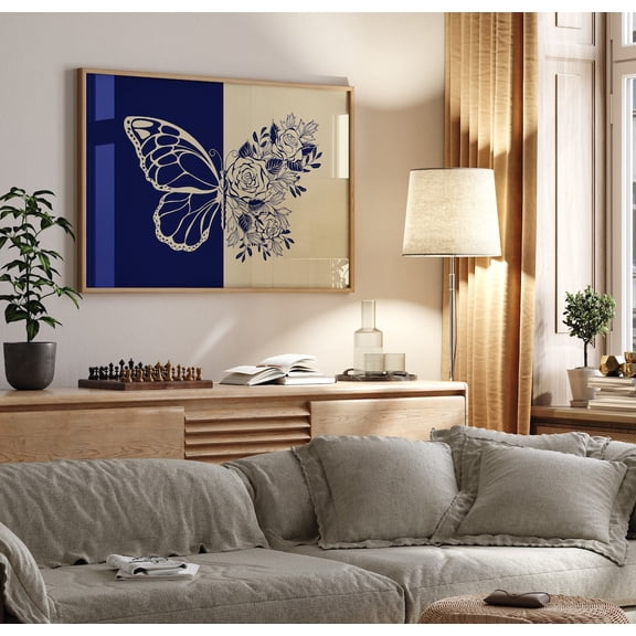 Beige Blue Butterfly Wall Art Minimalist Abstract Poster, 24x36 UNFRAMED
