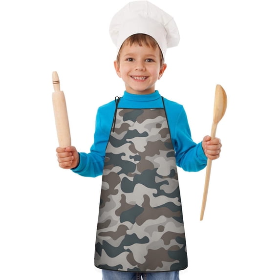 Beige Blue Camo Mixed Shapes Pattern Kids Aprons for Girls and Boys,Adjustable Neck Strap Toddler Aprons for Kids Cooking Baking