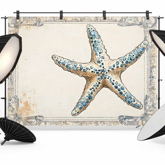 Beige Blue Coastal Backdrop for Photography,Fabric Photo Background Backdrop,Summer Ocean Vintage Starfish Photo Booth Background for Portrait Photoshoot Video Wedding Studio Decoration Banner 7x5ft