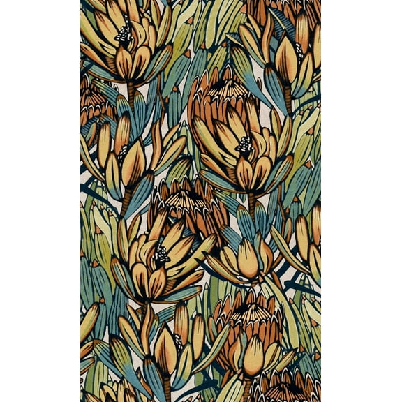 Beige & Blue Exotic Protea Flower Floral Wallpaper, Double Roll, 57 sqft