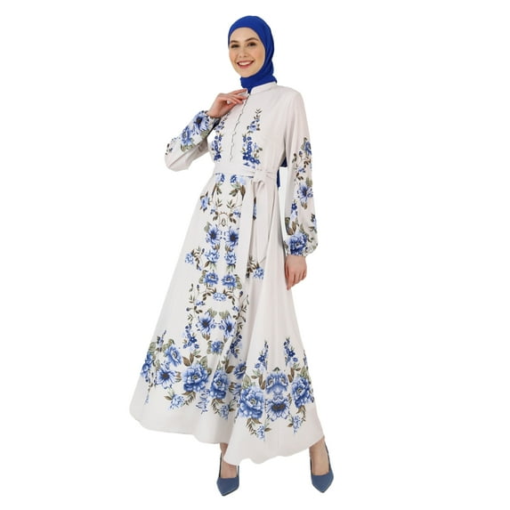 Beige - Blue - Floral - Button Collar - Unlined - Modest Dress - Refka