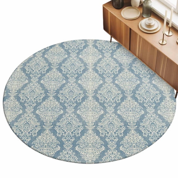 Beige Blue Flower Area Rug, Ethnic Middle East Non-Slip Felt Rubber Backing Round Indoor Carpet Washable Rugs for Living Room Bedroom 3ft