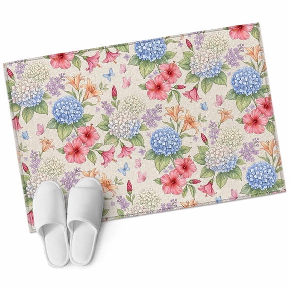 Beige Blue Hydrangea Bathroom Rug Washable 2x3 Entryway Rug Non Slip Farmhouse Floral Botanical Burlap Front Door Mat Low Pile Indoor Doormat Throw Floor Carpet for Kitchen Bedroom Entrance