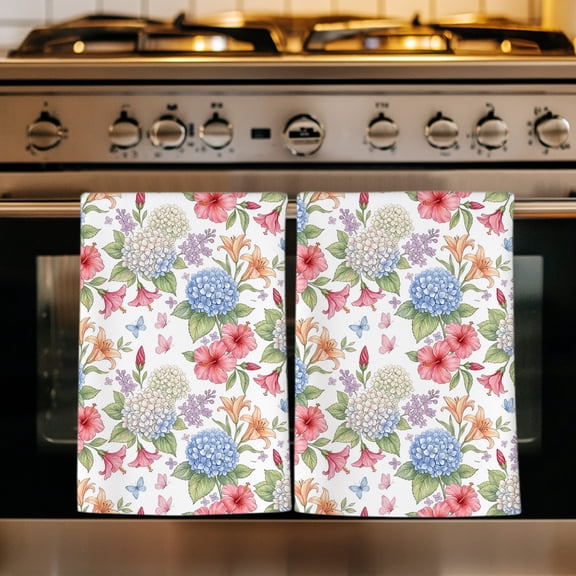 Beige Blue Hydrangea Kitchen Towels Set of 1, Farmhouse Floral Botanical Watercolor Absorbent Dish Towels for Kitchen, Microfiber Hand Towel, Quick Drying Tea Towel for Cleaning Decorative Dishcloths